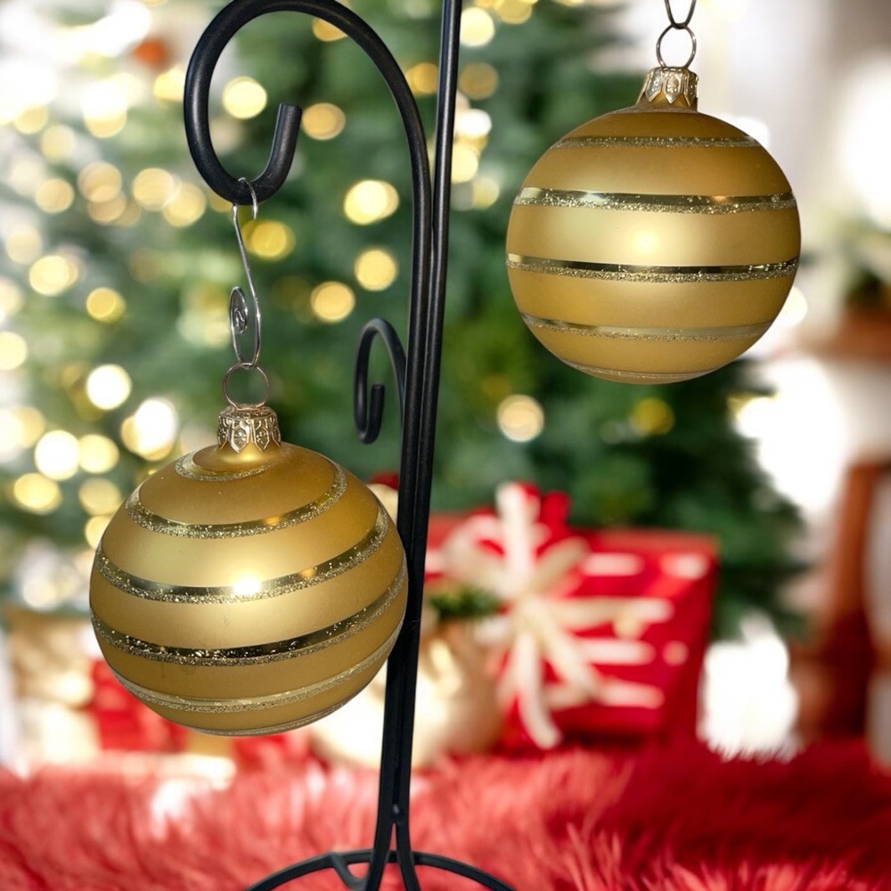 Pier 1 Vintage Gold Glass Ornaments with Glitter Accents Set of Two